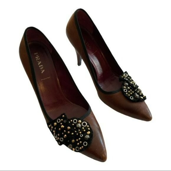 Prada Shoes Brown Embellished Pointed Heels Size 38.5 US 8.5 - Picture 1 of 6